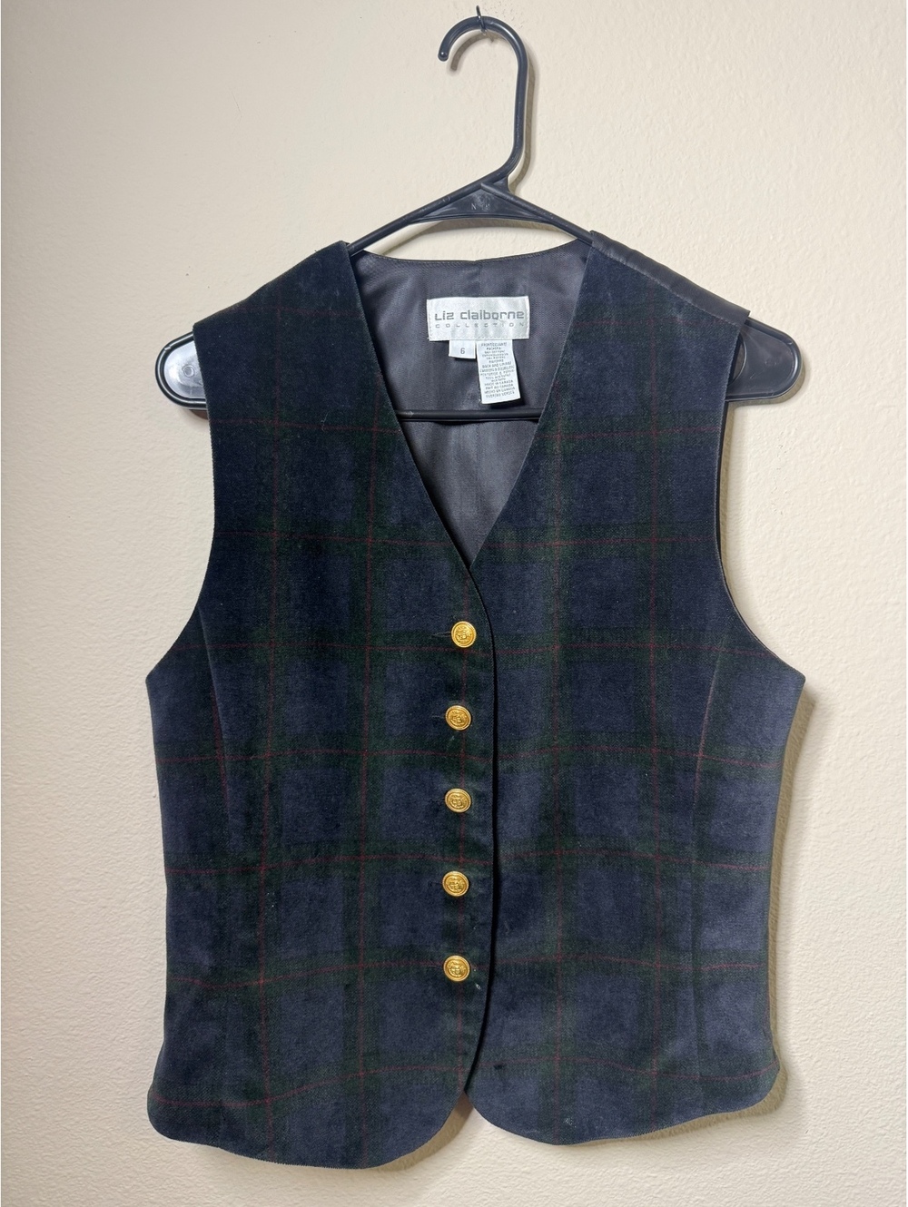 Liz Claiborne Women's Size 6 Plaid Vest with Gold Buttons and Adjustable Back